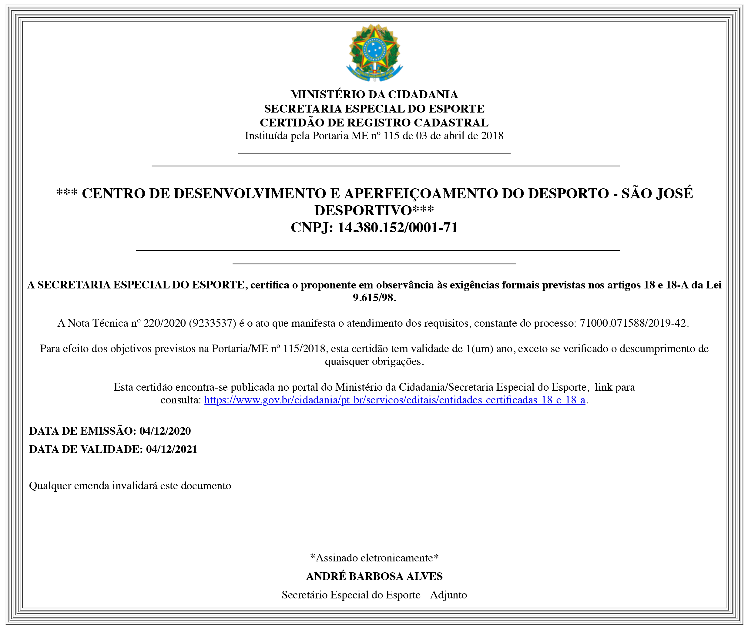 Certidão De Registro Cadastral